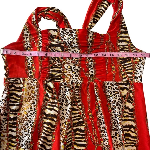 Women’s Maxi Dress Cut Out Gold Chain Lock Animal Print Red Mob Wife Large - Picture 9 of 11